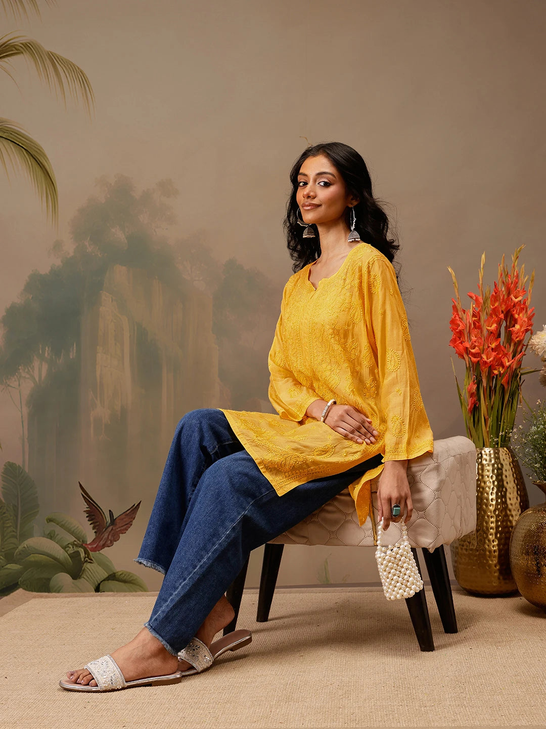 Ada Hand Embroidered Yellow Muslin Lucknowi Chikankari Short Kurti A911475