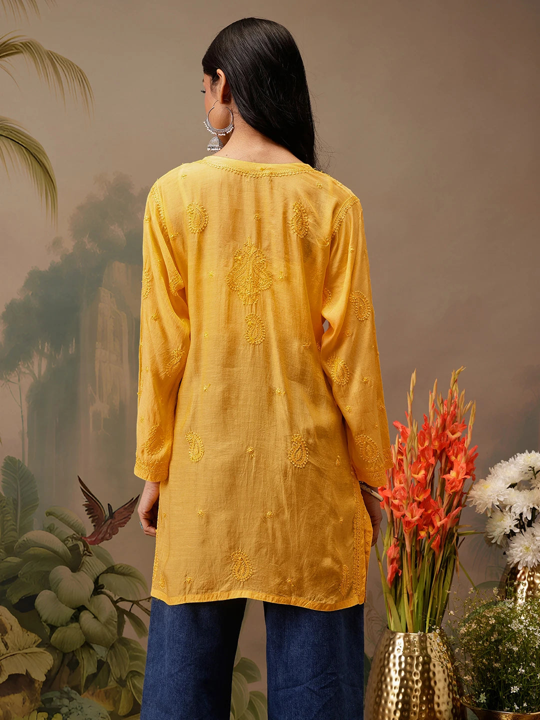 Ada Hand Embroidered Yellow Muslin Lucknowi Chikankari Short Kurti A911475