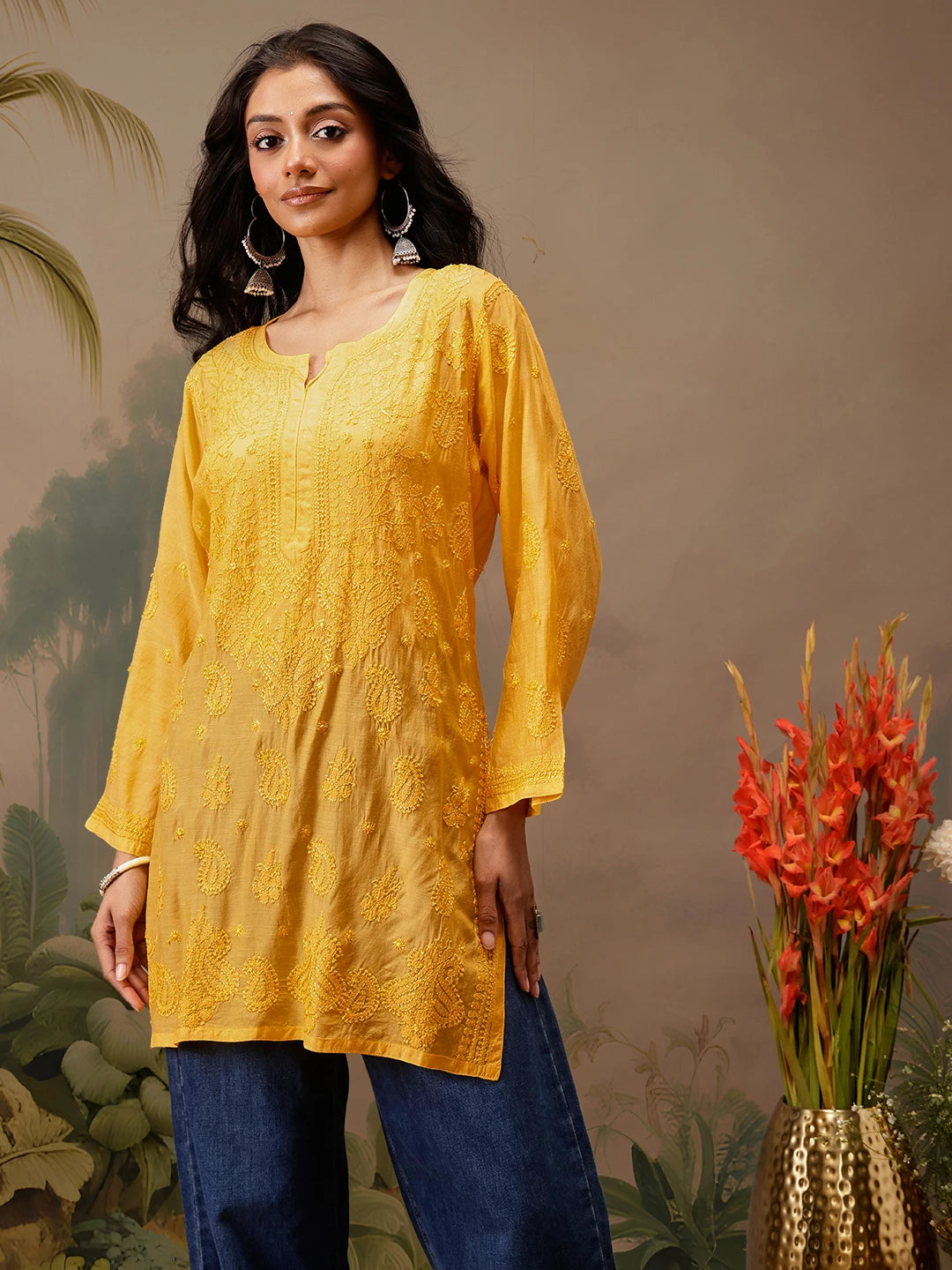 Ada Hand Embroidered Yellow Muslin Lucknowi Chikankari Short Kurti A911475
