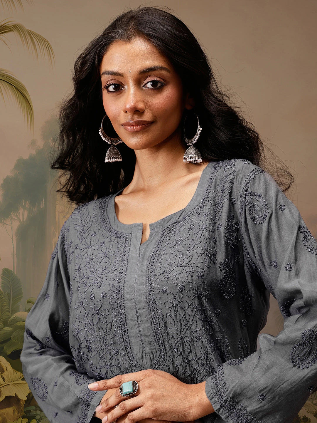 Ada Hand Embroidered Grey Muslin Lucknowi Chikankari Short Kurti A911474
