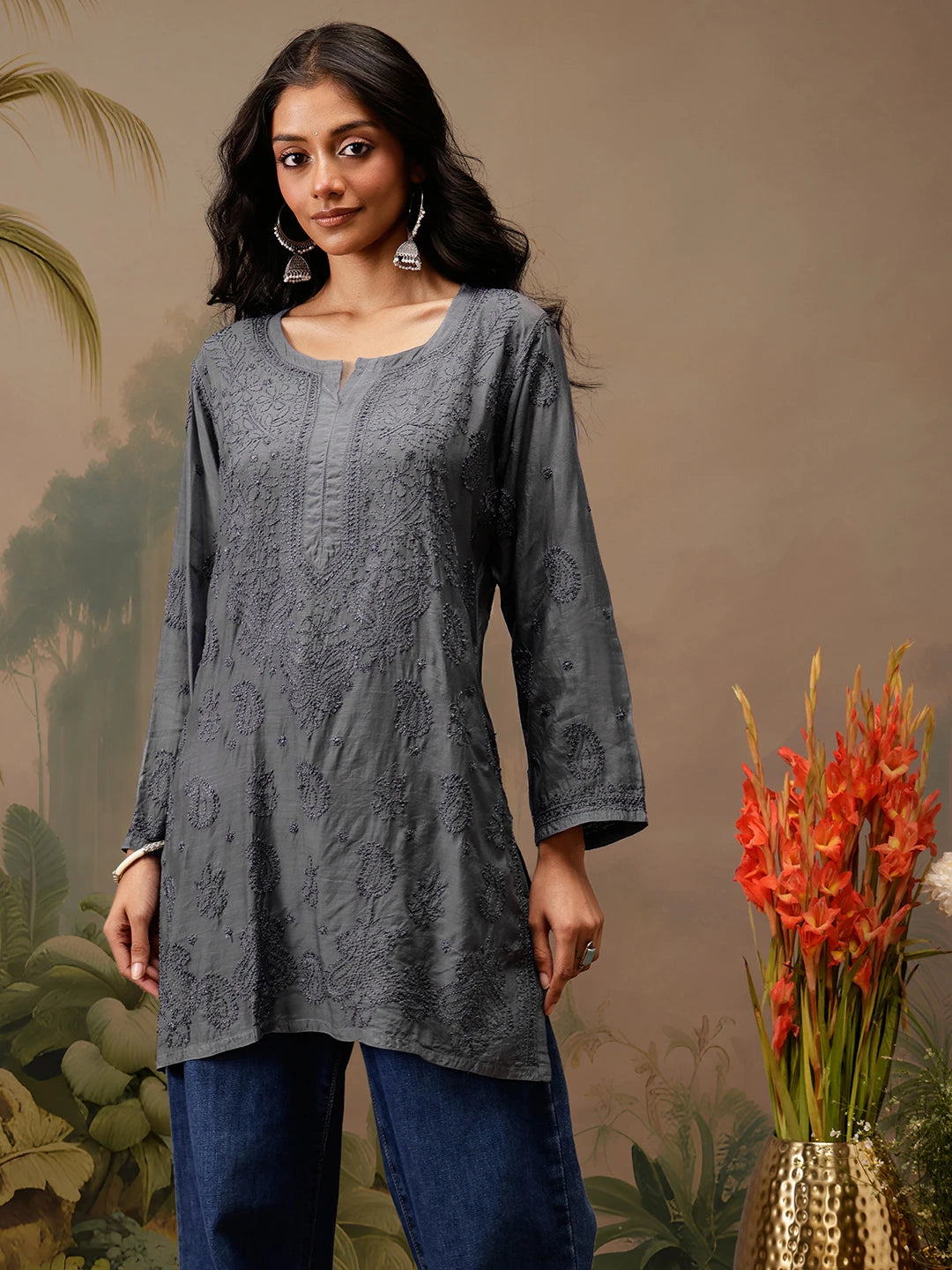 Ada Hand Embroidered Grey Muslin Lucknowi Chikankari Short Kurti A911474