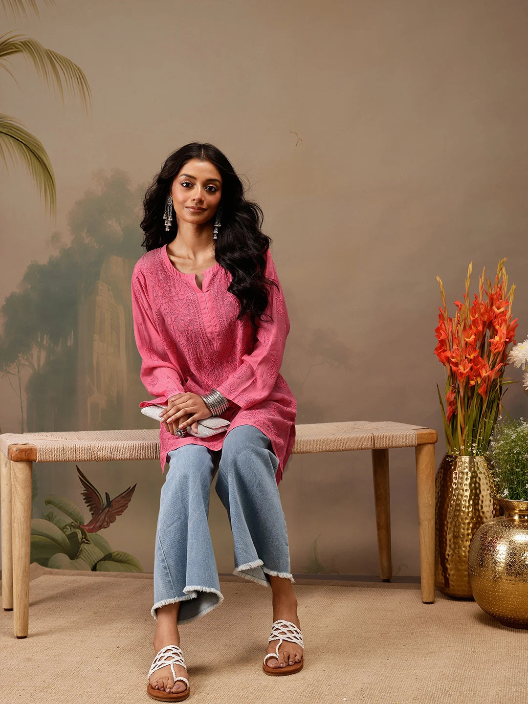 Ada Hand Embroidered Pink Muslin Lucknowi Chikankari Short Kurti A911476