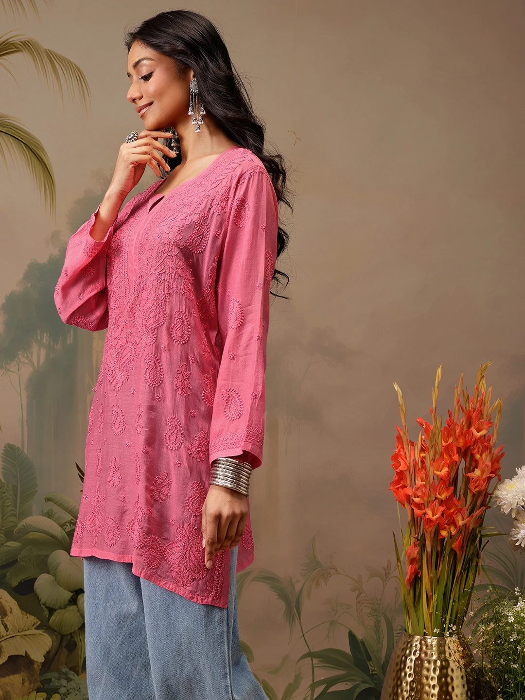 Ada Hand Embroidered Pink Muslin Lucknowi Chikankari Short Kurti A911476