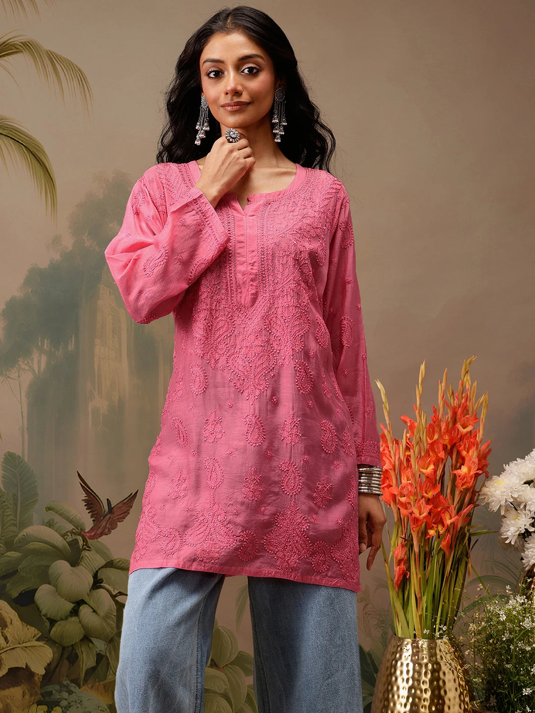 Ada Hand Embroidered Pink Muslin Lucknowi Chikankari Short Kurti A911476
