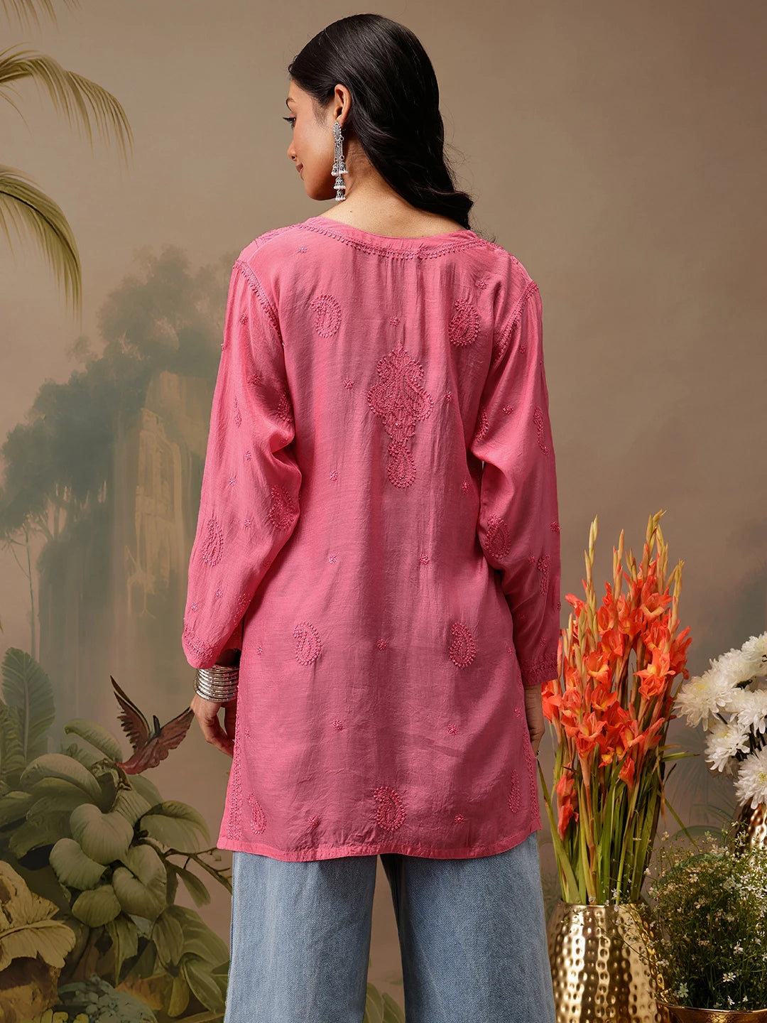 Ada Hand Embroidered Pink Muslin Lucknowi Chikankari Short Kurti A911476