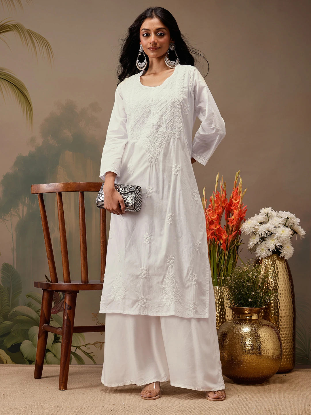 Ada Hand Embroidered White Cotton Lucknowi Chikankari Straight Kurta A411732