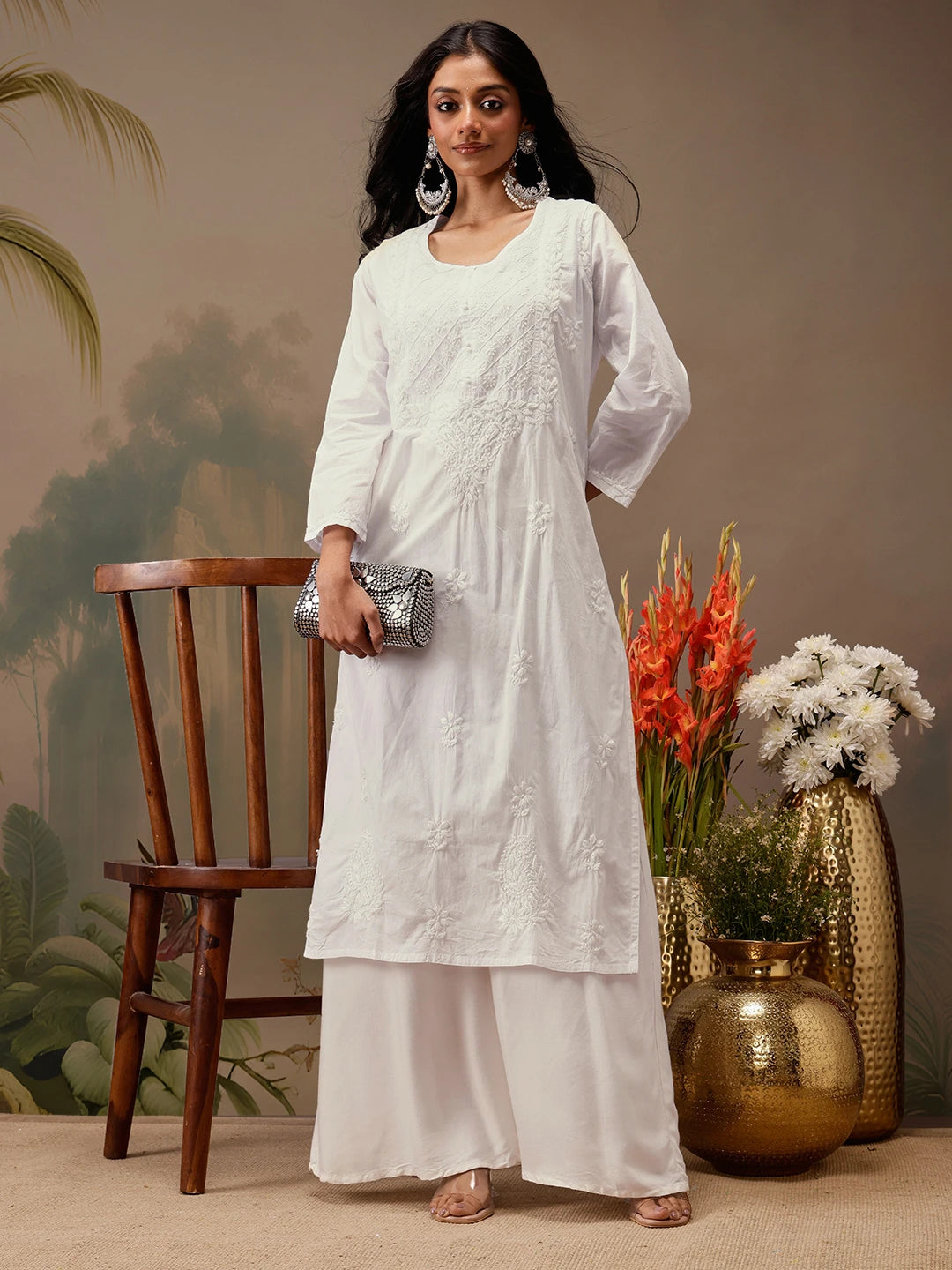 Ada Hand Embroidered White Cotton Lucknowi Chikankari Straight Kurta A411732