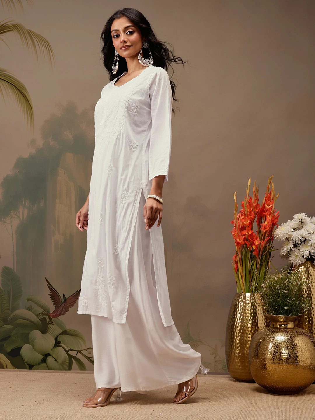 Ada Hand Embroidered White Cotton Lucknowi Chikankari Straight Kurta A411732