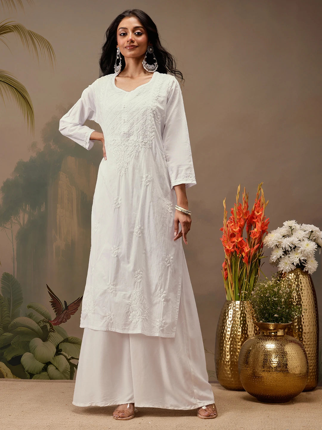 Ada Hand Embroidered White Cotton Lucknowi Chikankari Straight Kurta A411732