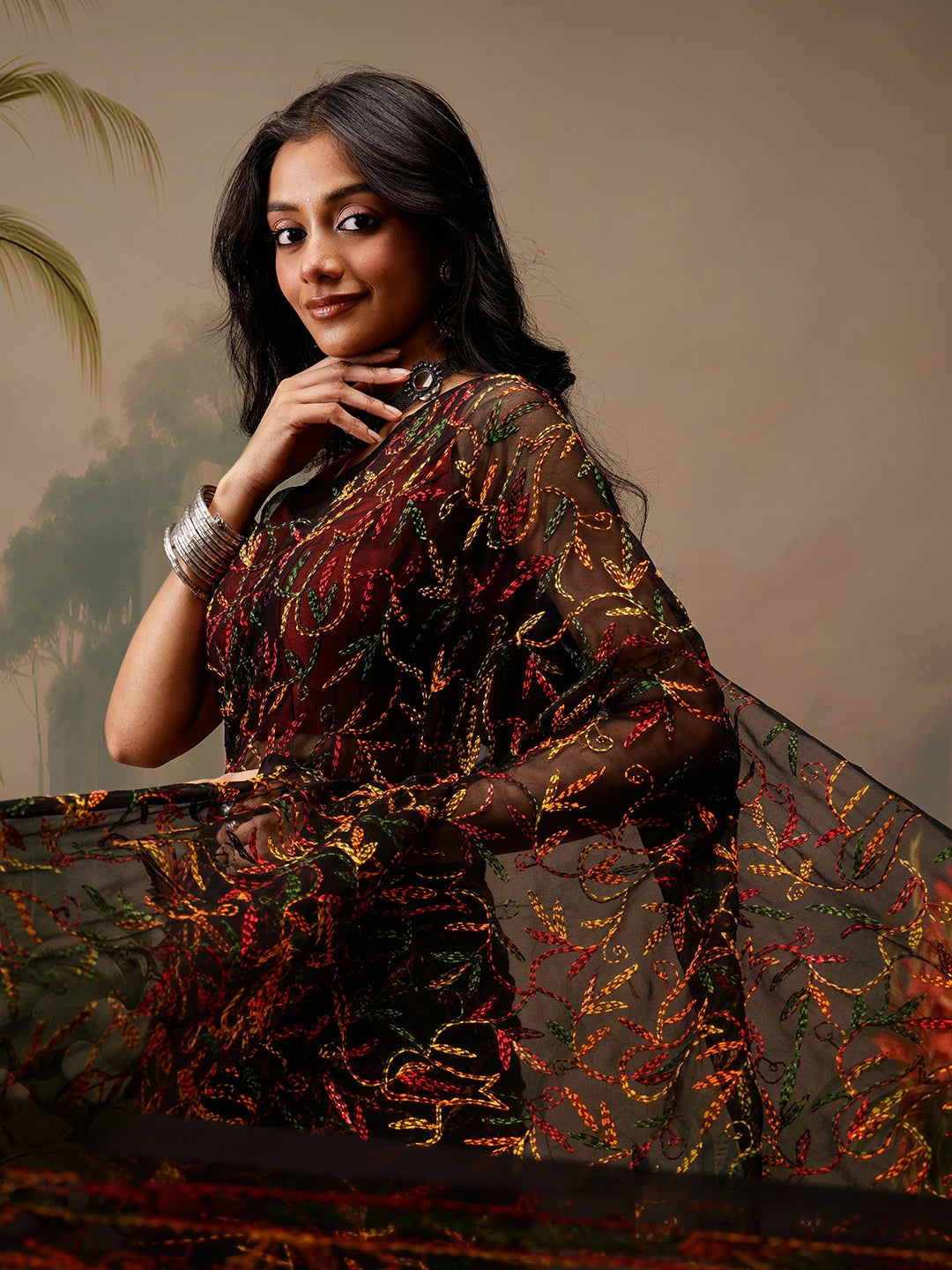Ada Hand Embroidered Black Georgette Lucknowi Chikankari Saree With Blouse A311383