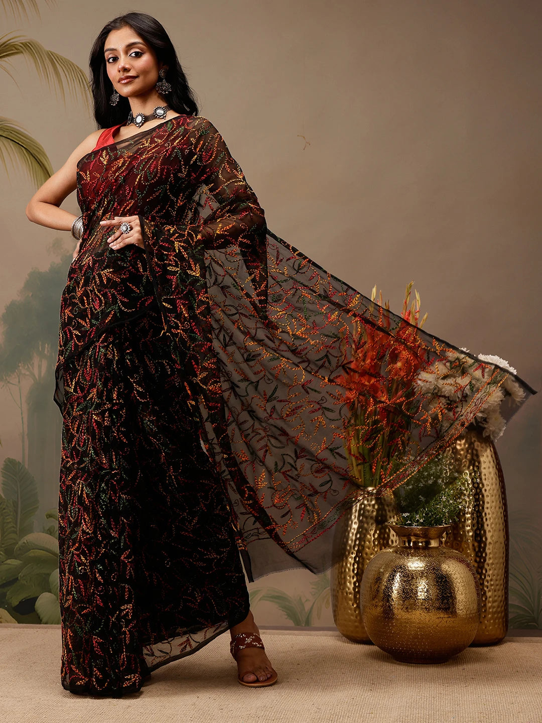 Ada Hand Embroidered Black Georgette Lucknowi Chikankari Saree With Blouse A311383