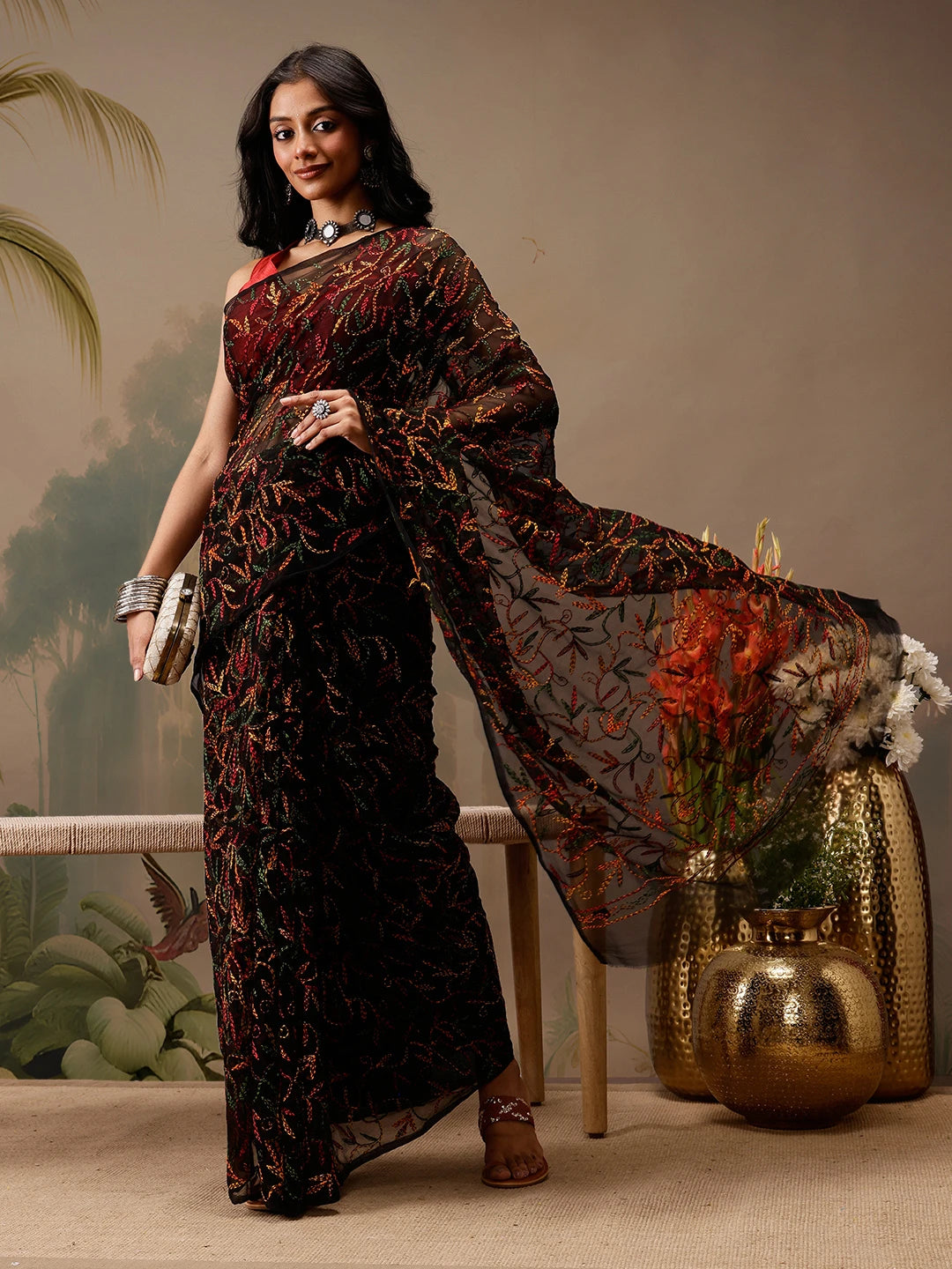 Ada Hand Embroidered Black Georgette Lucknowi Chikankari Saree With Blouse A311383