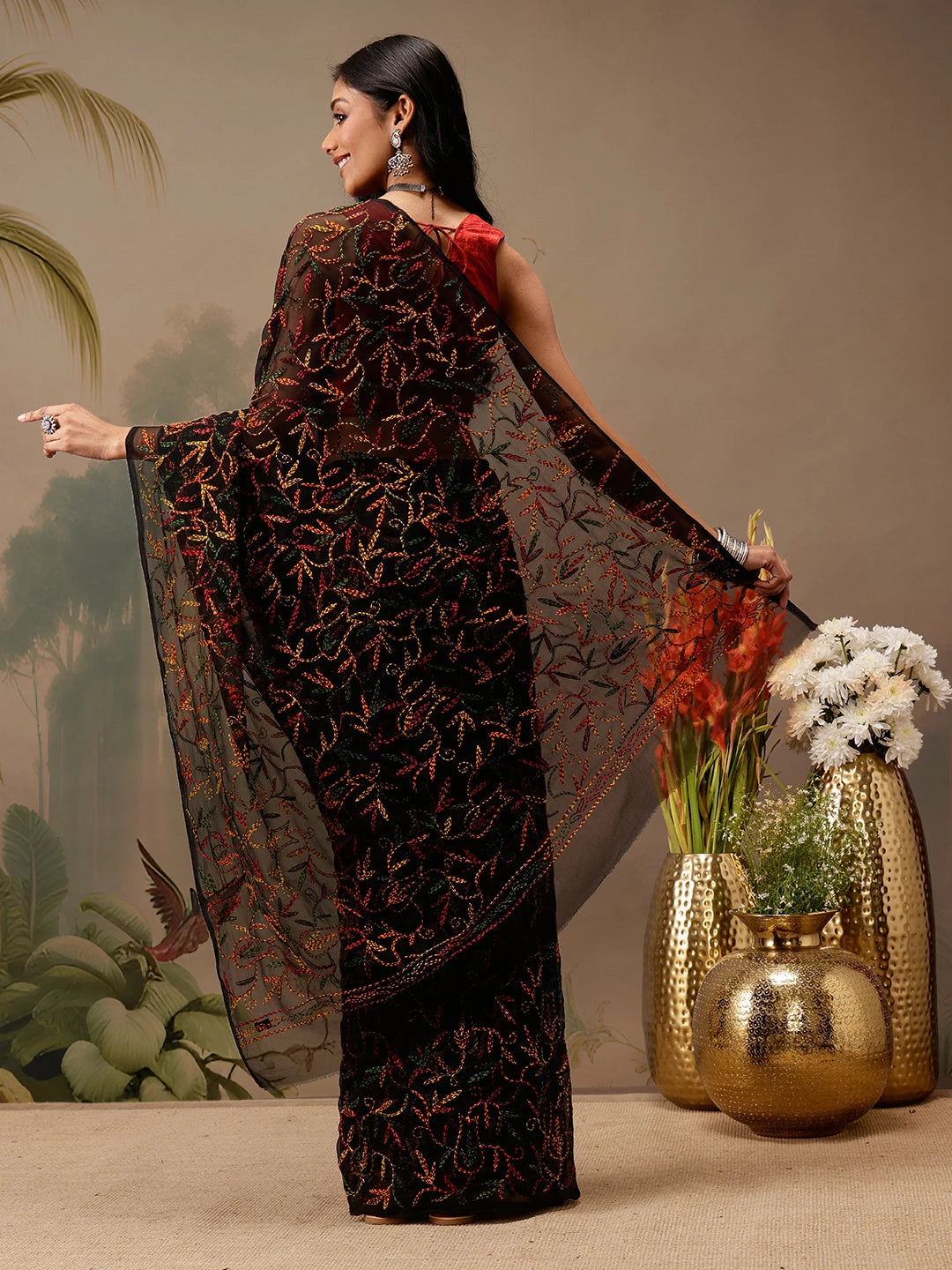 Ada Hand Embroidered Black Georgette Lucknowi Chikankari Saree With Blouse A311383