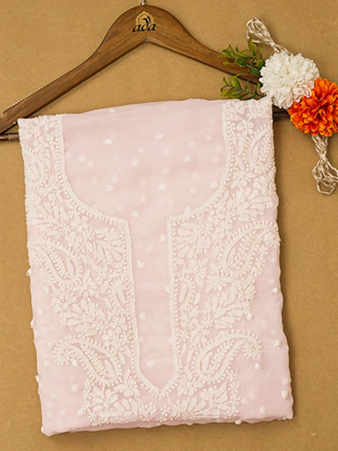 Ada Hand Embroidered Pink Georgette Lucknowi Chikankari Unstitched Kurta Piece 01A715926