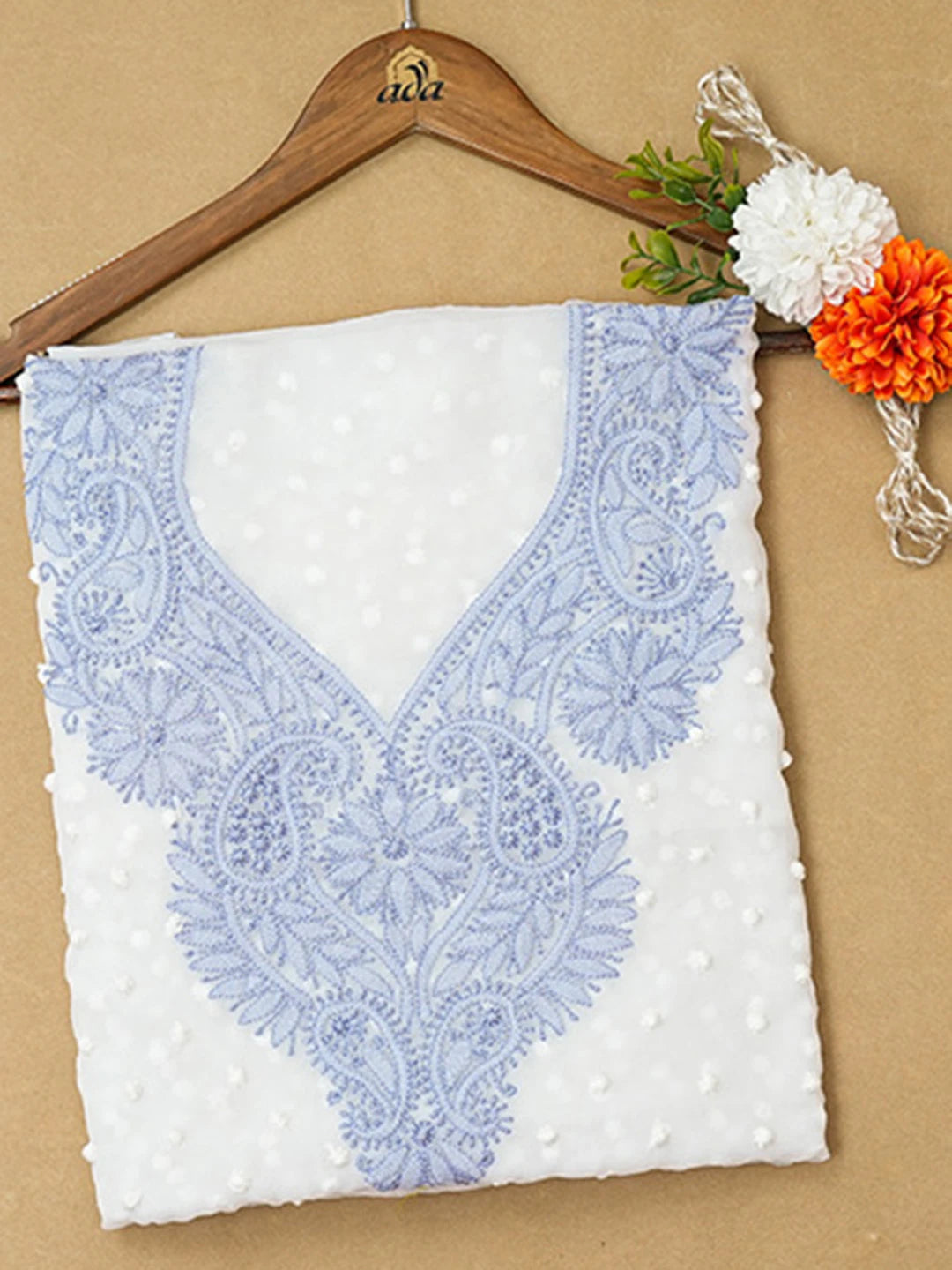 Ada Hand Embroidered White Georgette Lucknowi Chikankari Unstitched Kurta Piece 01A715942