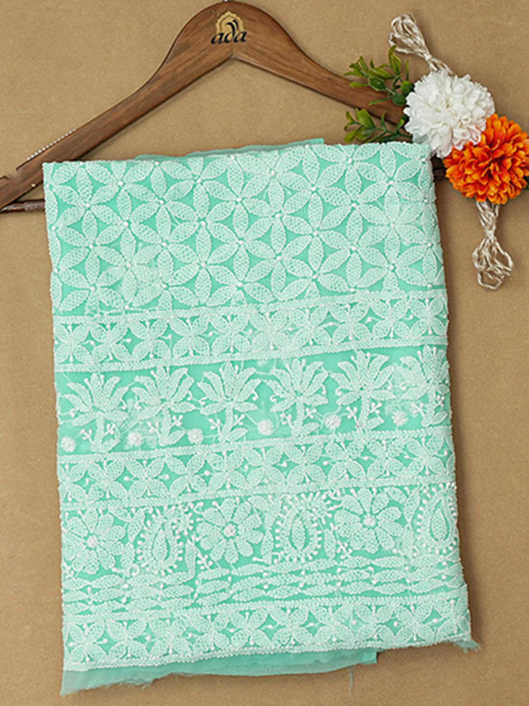 Ada Hand Embroidered Sea Green Georgette Lucknowi Chikankari Unstitched Kurta Piece 01A715912