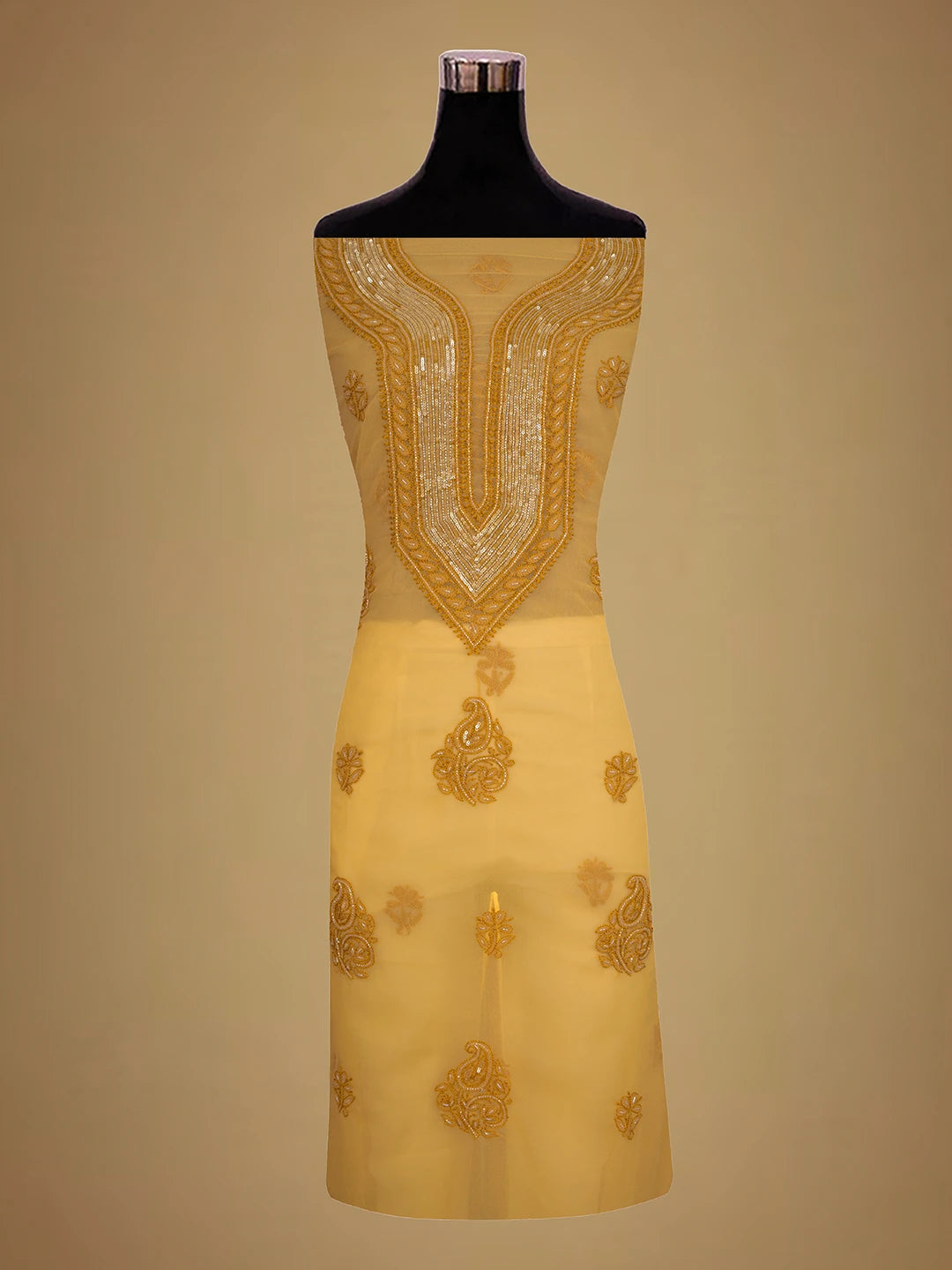 Ada Hand Embroidered Fawn Georgette Lucknowi Chikankari Unstitched Suit Piece With Cutdana Work 01A713298