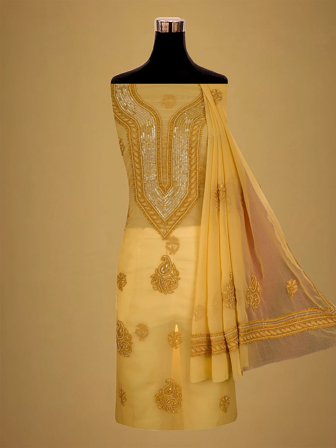 Ada Hand Embroidered Fawn Georgette Lucknowi Chikankari Unstitched Suit Piece With Cutdana Work 01A713298