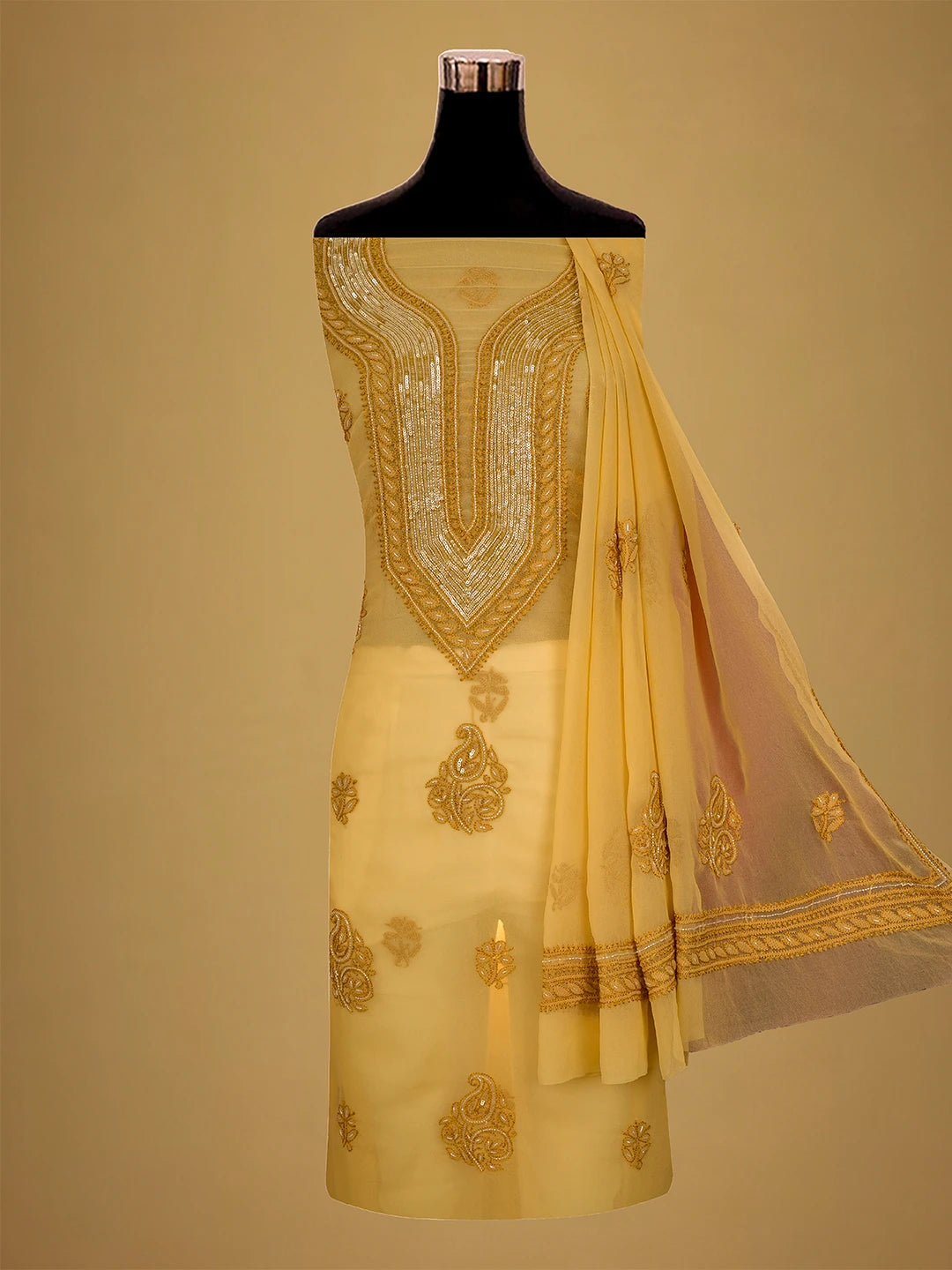 Ada Hand Embroidered Fawn Georgette Lucknowi Chikankari Unstitched Suit Piece With Cutdana Work 01A713298