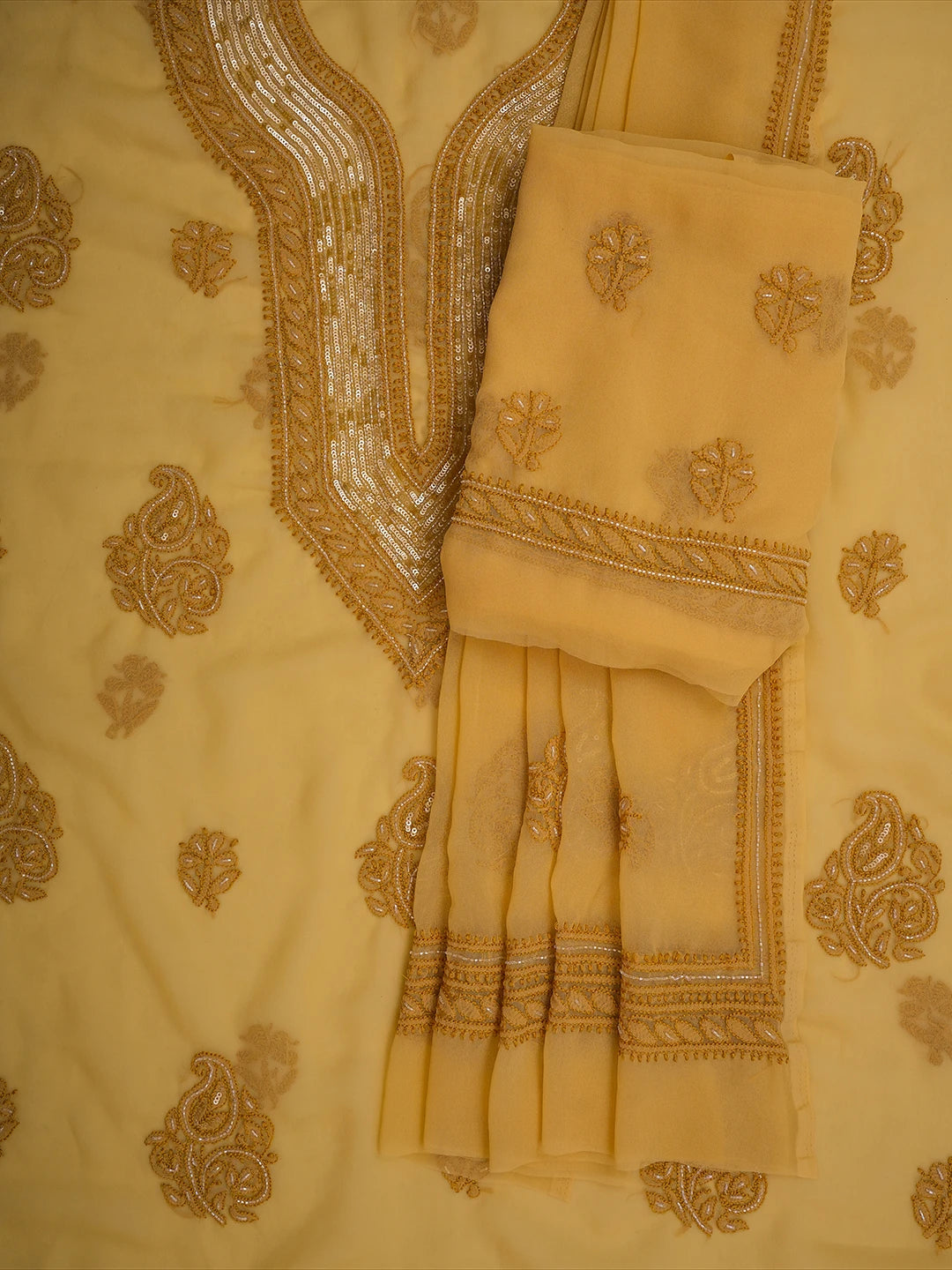 Ada Hand Embroidered Fawn Georgette Lucknowi Chikankari Unstitched Suit Piece With Cutdana Work 01A713298