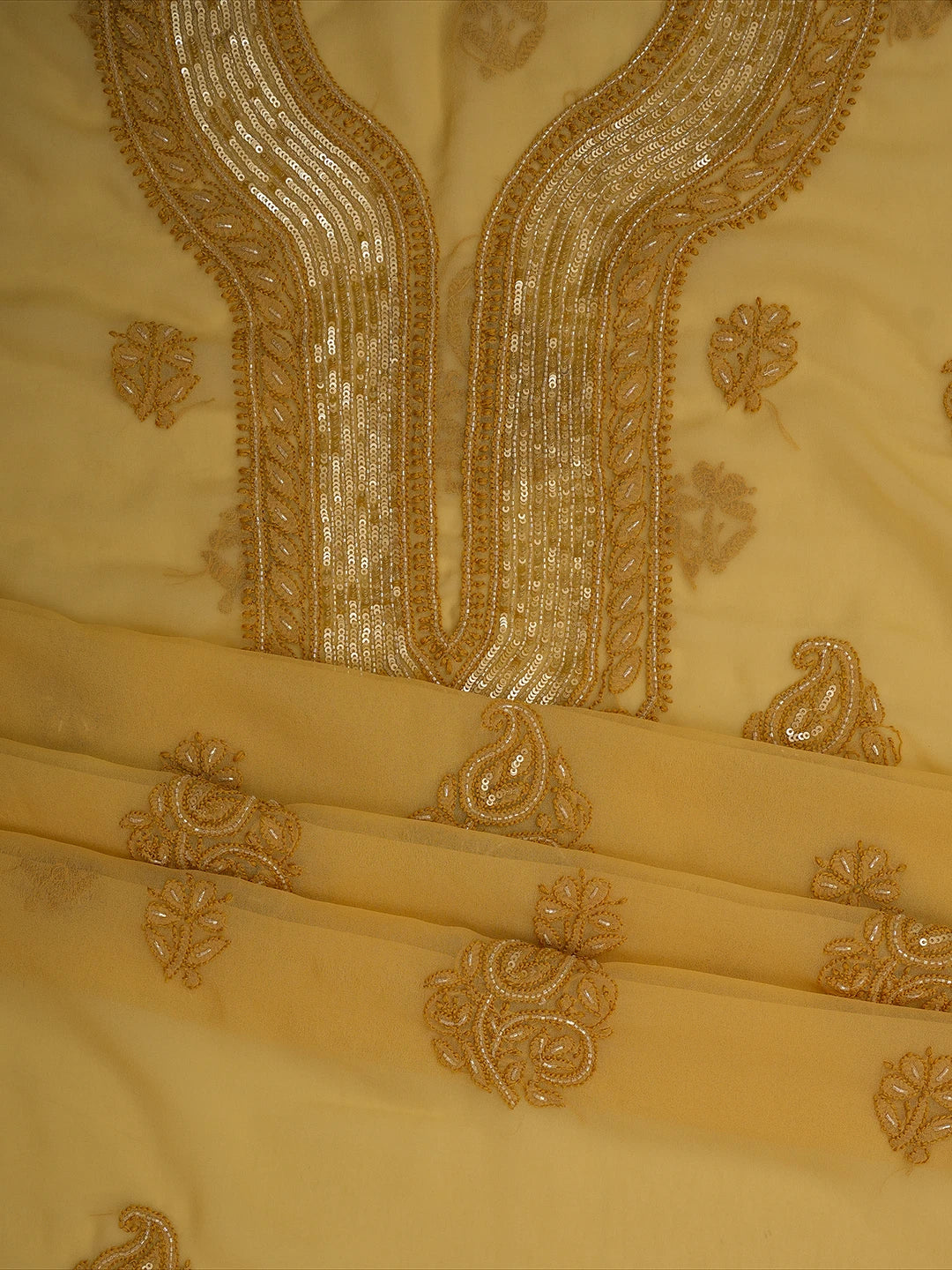 Ada Hand Embroidered Fawn Georgette Lucknowi Chikankari Unstitched Suit Piece With Cutdana Work 01A713298
