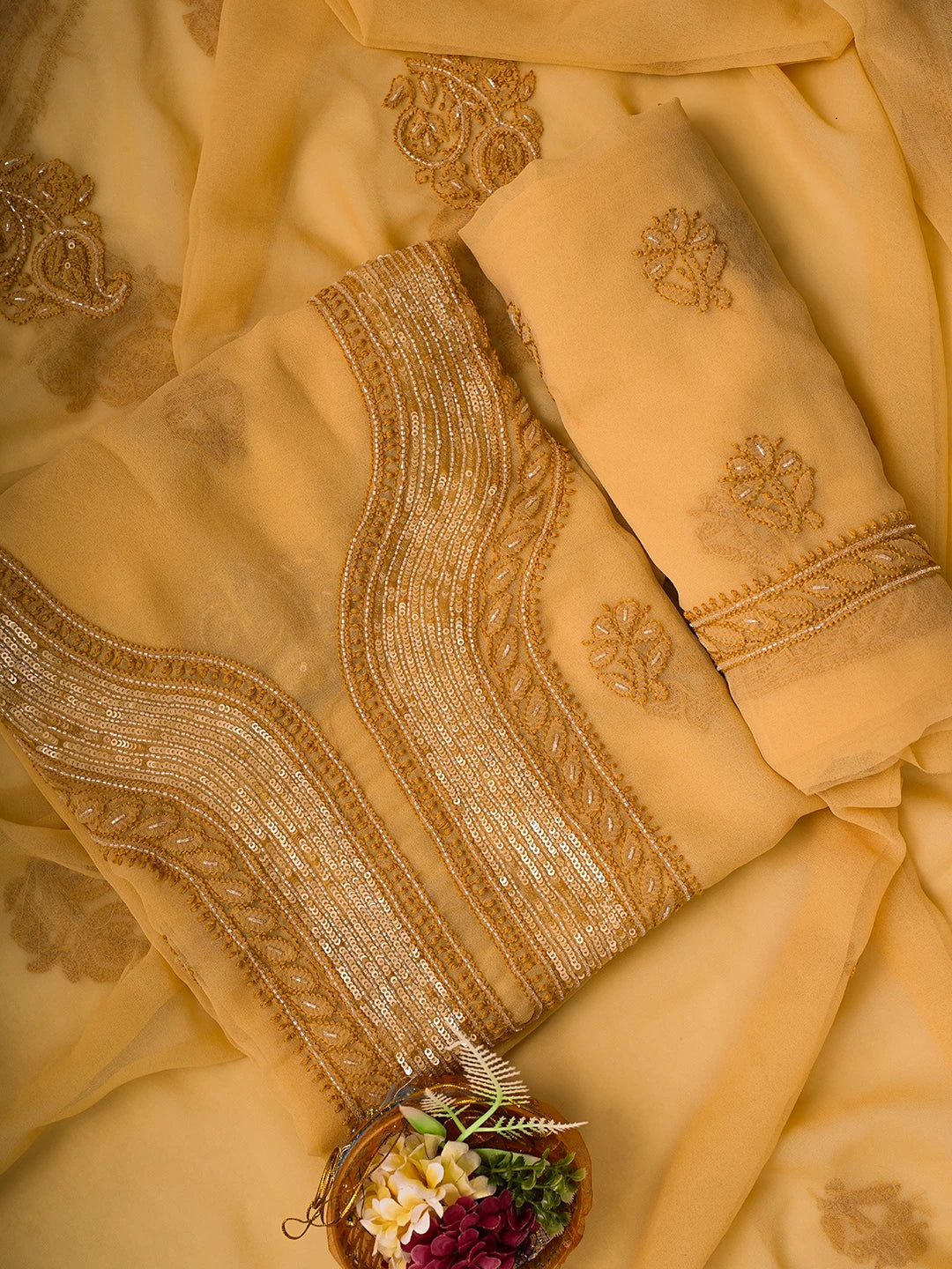 Ada Hand Embroidered Fawn Georgette Lucknowi Chikankari Unstitched Suit Piece With Cutdana Work 01A713298