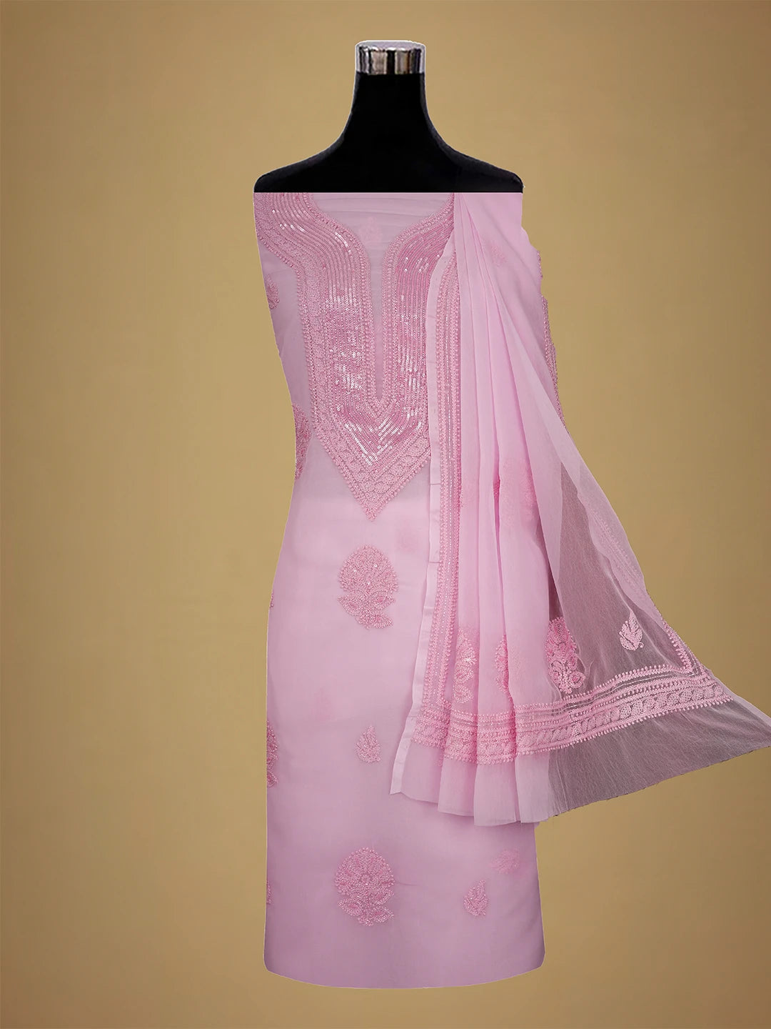 Ada Hand Embroidered Pink Georgette Lucknowi Chikankari Unstitched Suit Piece With Cutdana Work 01A713294
