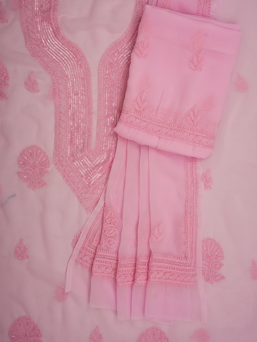 Ada Hand Embroidered Pink Georgette Lucknowi Chikankari Unstitched Suit Piece With Cutdana Work 01A713294