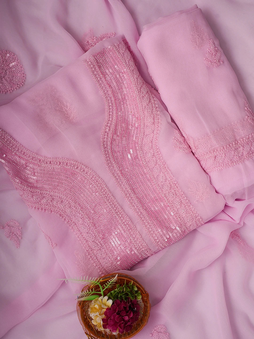 Ada Hand Embroidered Pink Georgette Lucknowi Chikankari Unstitched Suit Piece With Cutdana Work 01A713294