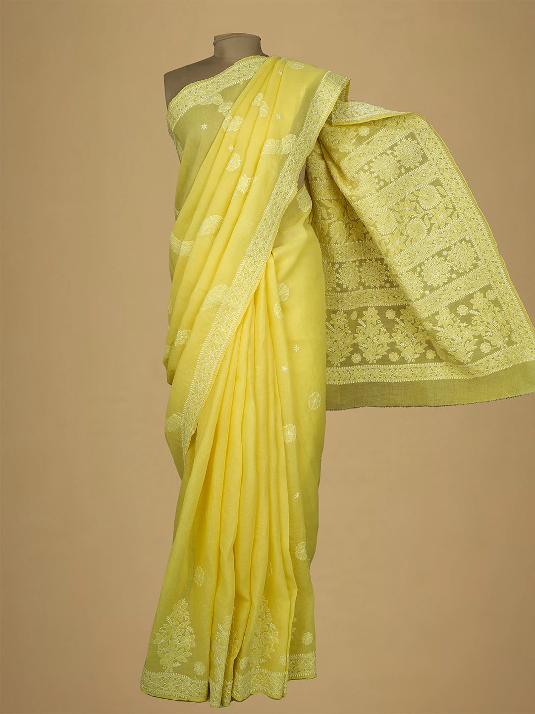 Ada Hand Embroidered Icterine Yellow Cotton Lucknowi Chikankari Saree and Blouse 01A713073