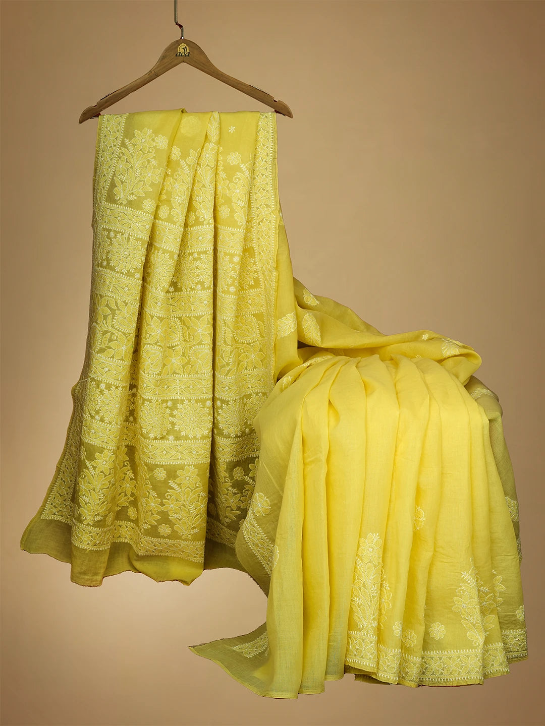 Ada Hand Embroidered Icterine Yellow Cotton Lucknowi Chikankari Saree and Blouse 01A713073
