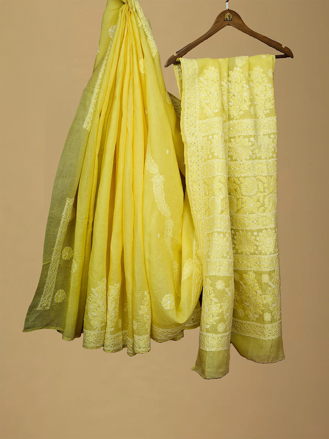 Ada Hand Embroidered Icterine Yellow Cotton Lucknowi Chikankari Saree and Blouse 01A713073