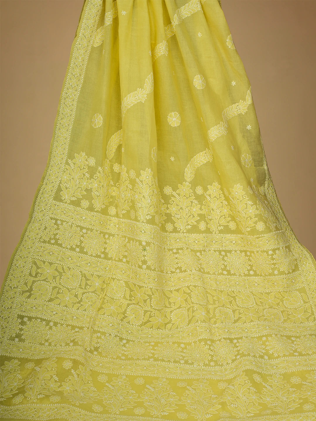 Ada Hand Embroidered Icterine Yellow Cotton Lucknowi Chikankari Saree and Blouse 01A713073