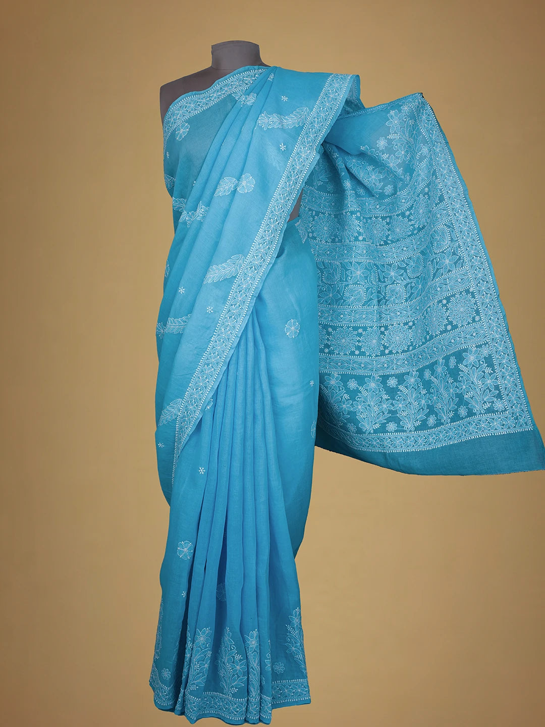 Ada Hand Embroidered Blue Cotton Lucknowi Chikankari Saree and Blouse 01A713072