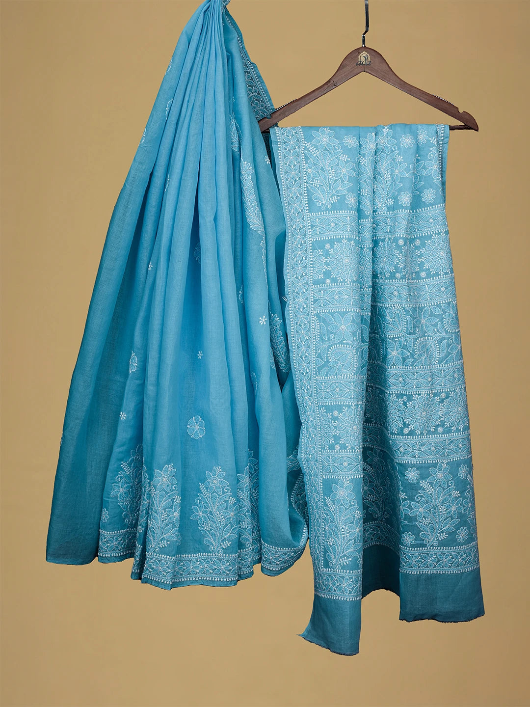 Ada Hand Embroidered Blue Cotton Lucknowi Chikankari Saree and Blouse 01A713072