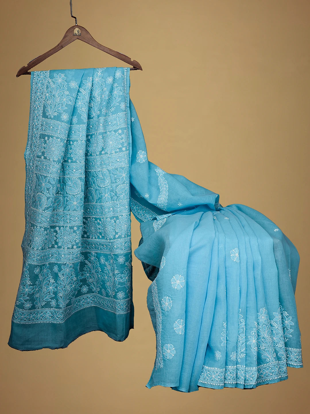 Ada Hand Embroidered Blue Cotton Lucknowi Chikankari Saree and Blouse 01A713072