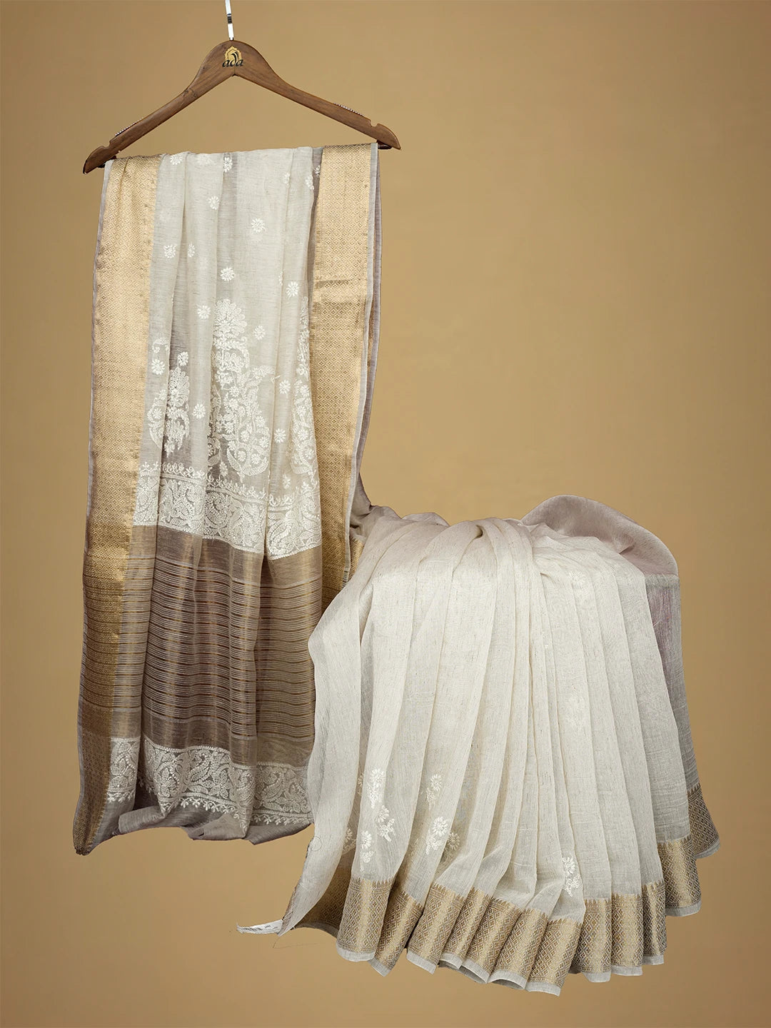 Ada Hand Embroidered White Chanderi Lucknowi Chikankari Saree With Blouse 01A681677