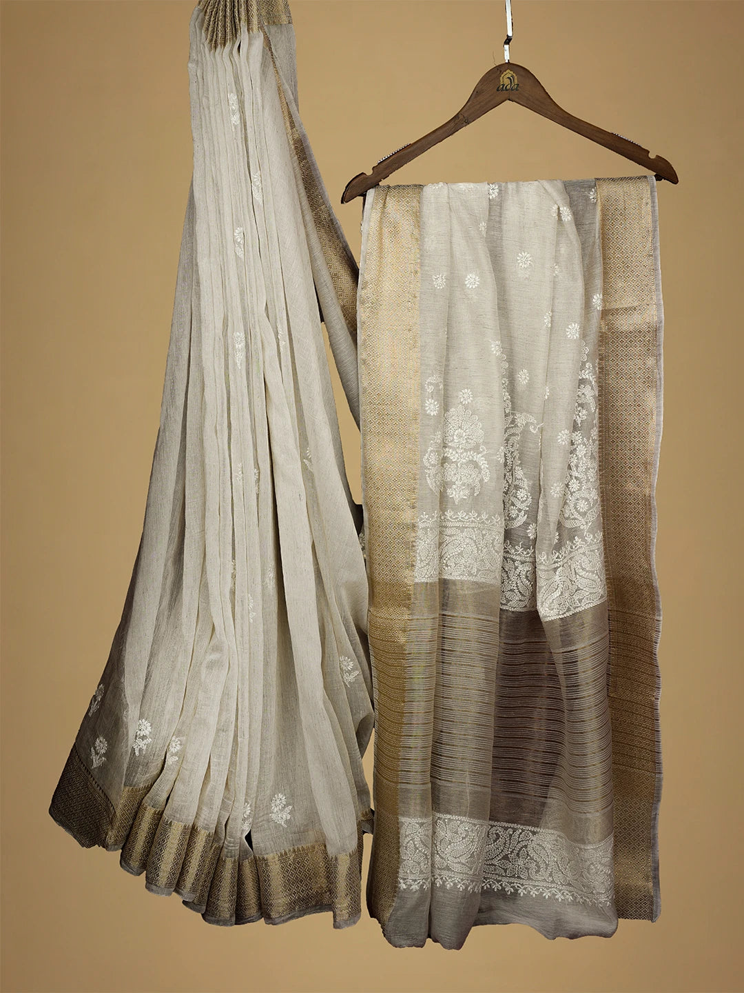 Ada Hand Embroidered White Chanderi Lucknowi Chikankari Saree With Blouse 01A681677
