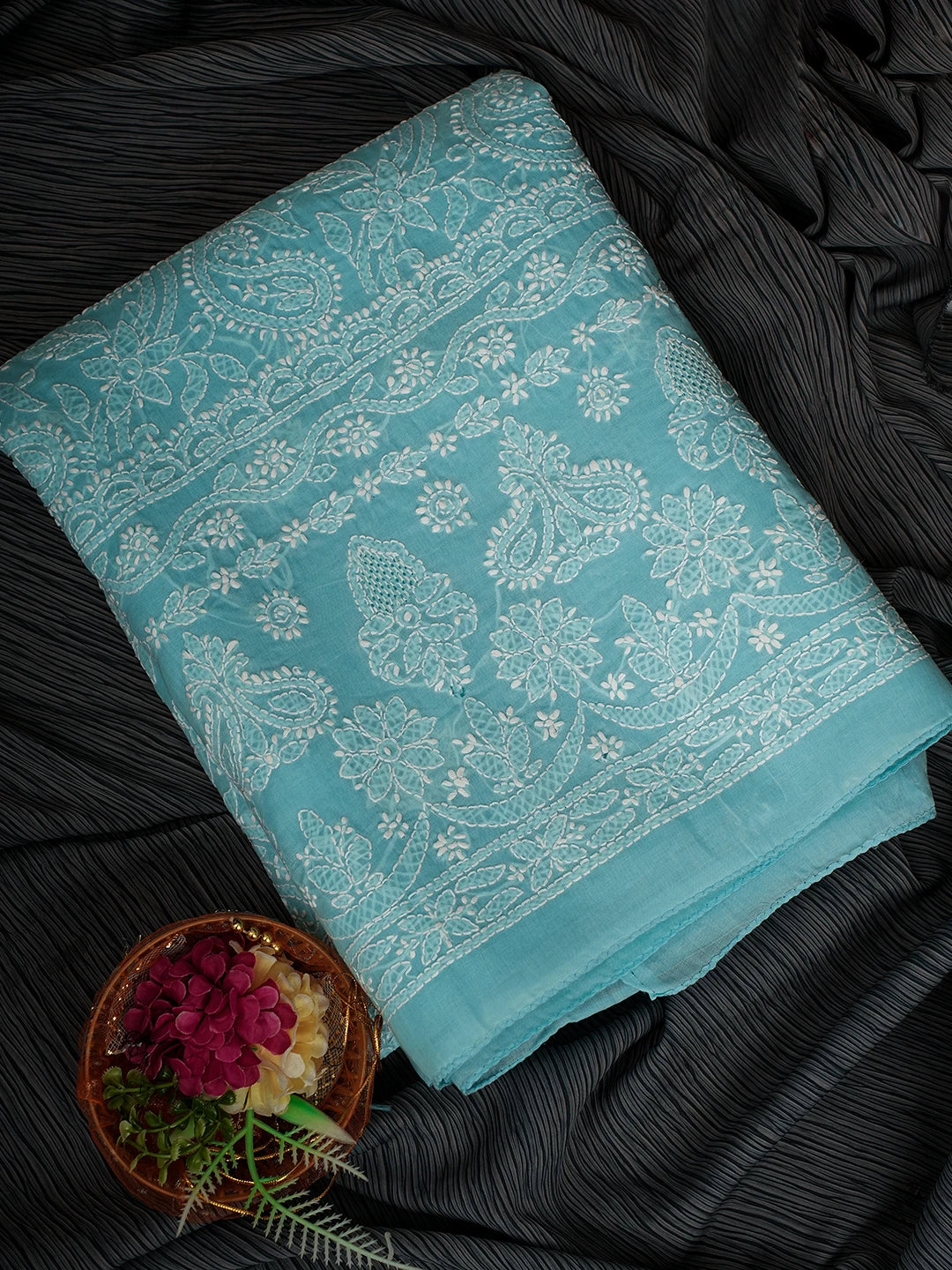 Ada Hand Embroidered Blue Cotton Lucknowi Chikankari Unstitched Kurta Piece 01A711941