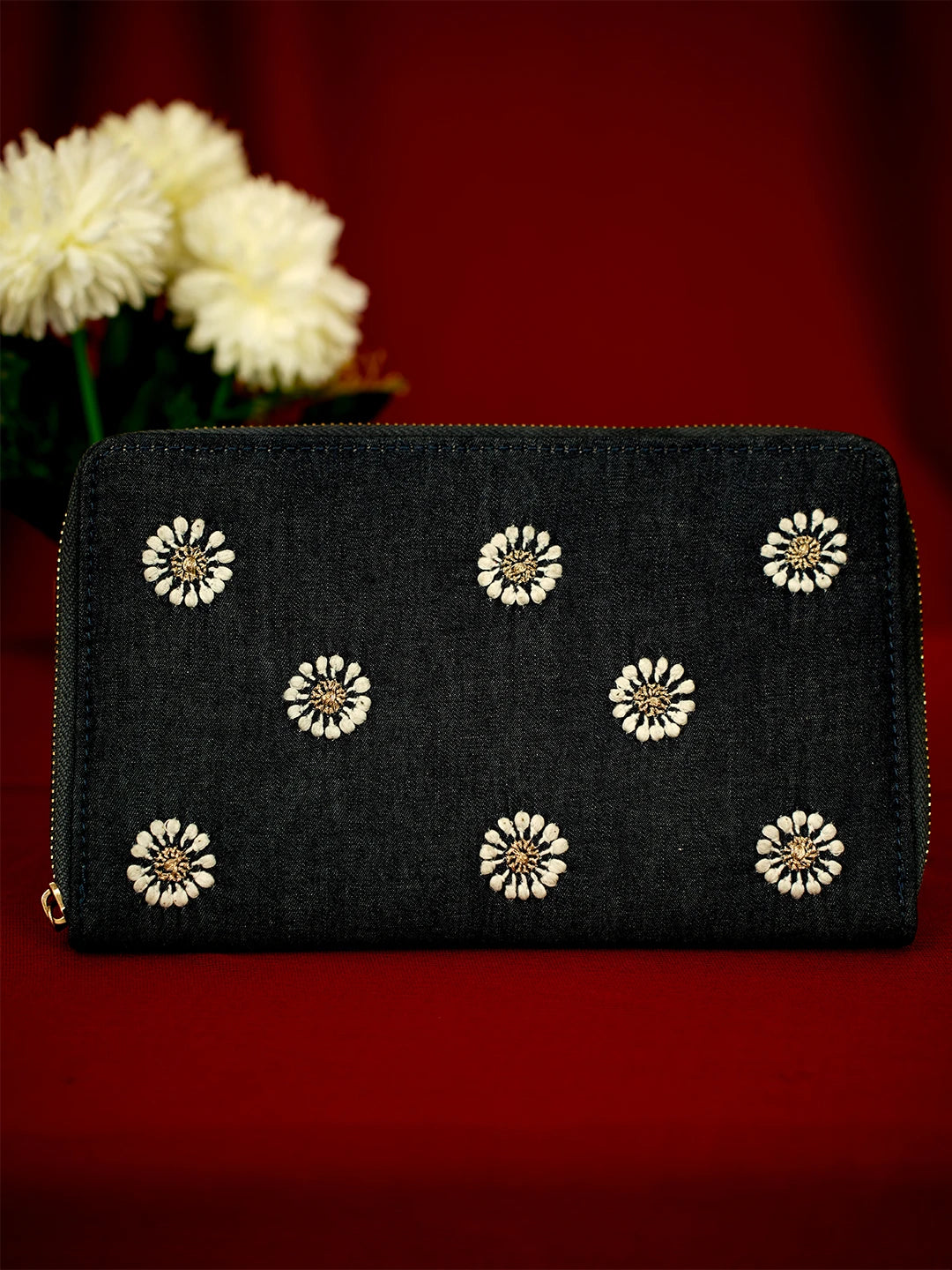 Ada Hand Embroidered Navy Blue Denim Lucknowi Chikankari Wallet With Zari Work 01A619178