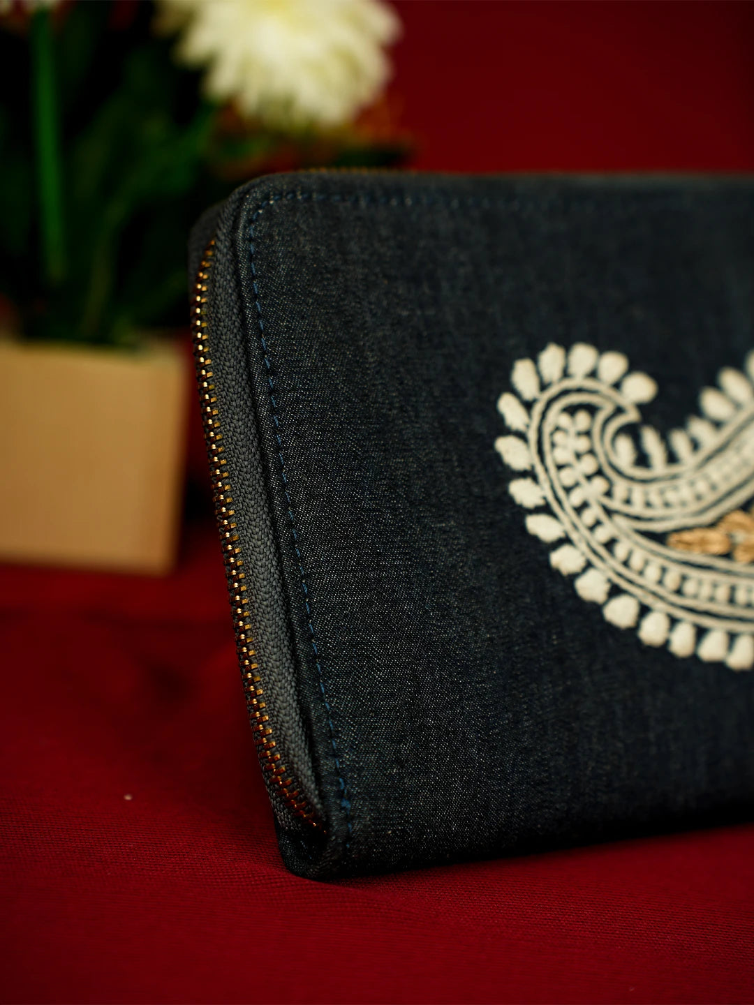 Ada Hand Embroidered Navy Blue Denim Lucknowi Chikankari Wallet With Zari Work 01A619178