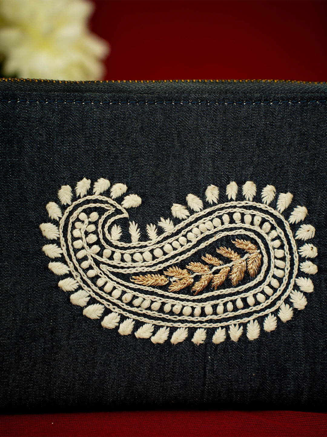 Ada Hand Embroidered Navy Blue Denim Lucknowi Chikankari Wallet With Zari Work 01A619178