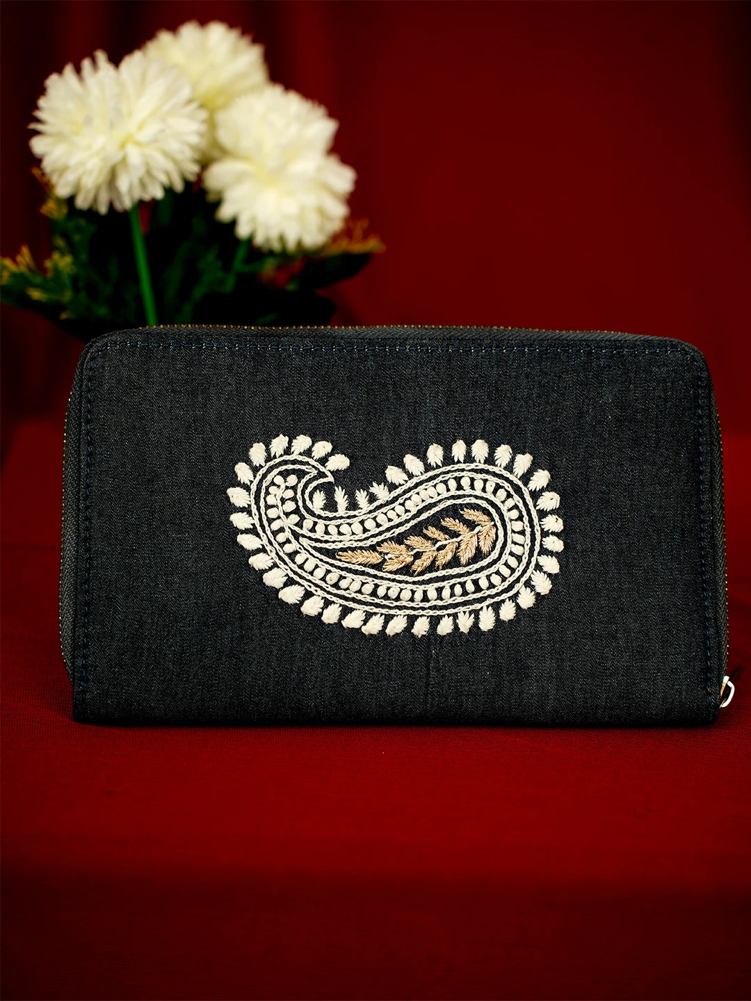 Ada Hand Embroidered Navy Blue Denim Lucknowi Chikankari Wallet With Zari Work 01A619178