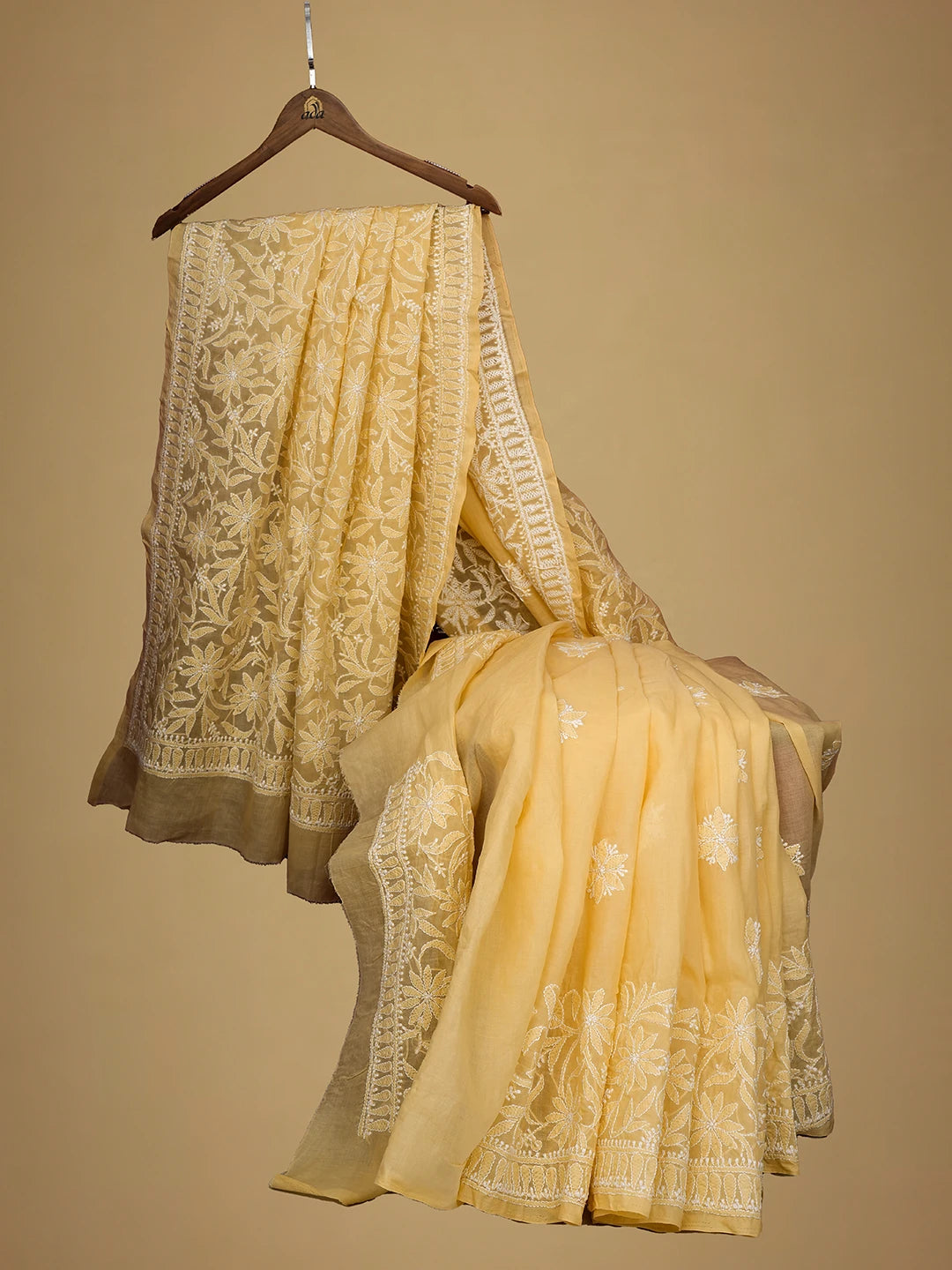 Ada Hand Embroidered Light Golden Yellow Cotton Lucknowi Chikankari Saree and Blouse 01A713079