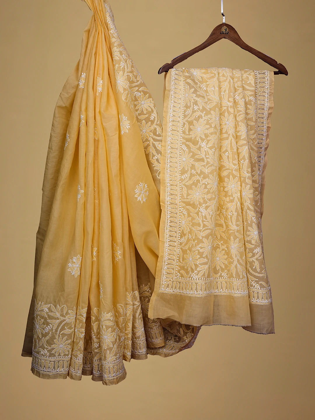 Ada Hand Embroidered Light Golden Yellow Cotton Lucknowi Chikankari Saree and Blouse 01A713079