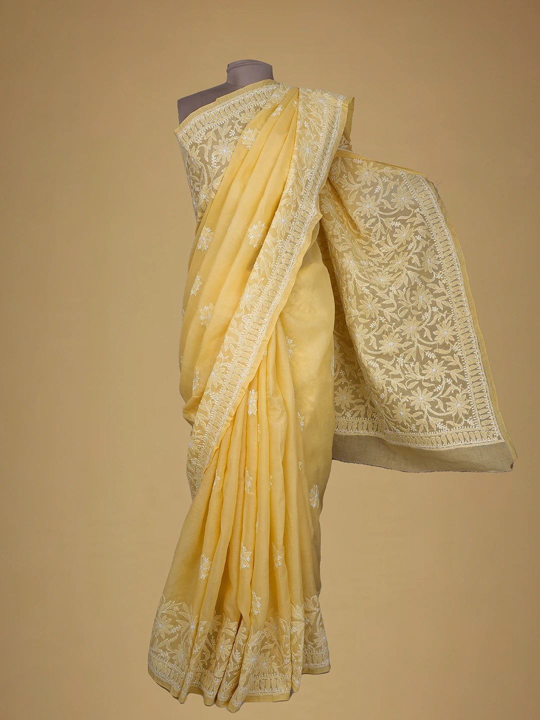 Ada Hand Embroidered Light Golden Yellow Cotton Lucknowi Chikankari Saree and Blouse 01A713079