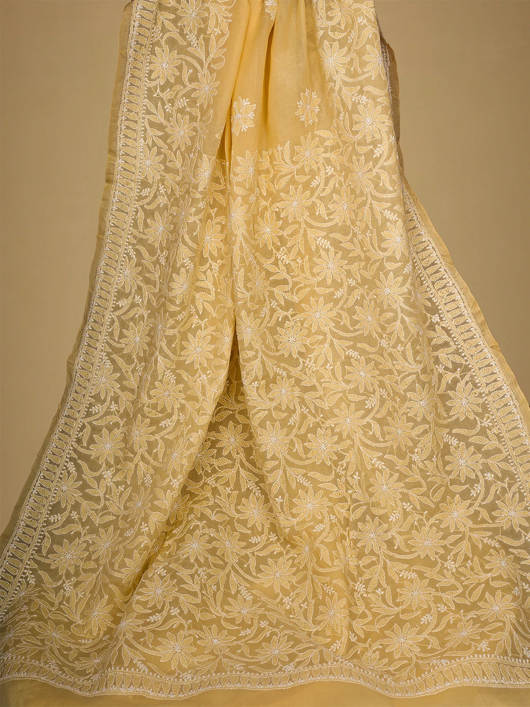 Ada Hand Embroidered Light Golden Yellow Cotton Lucknowi Chikankari Saree and Blouse 01A713079