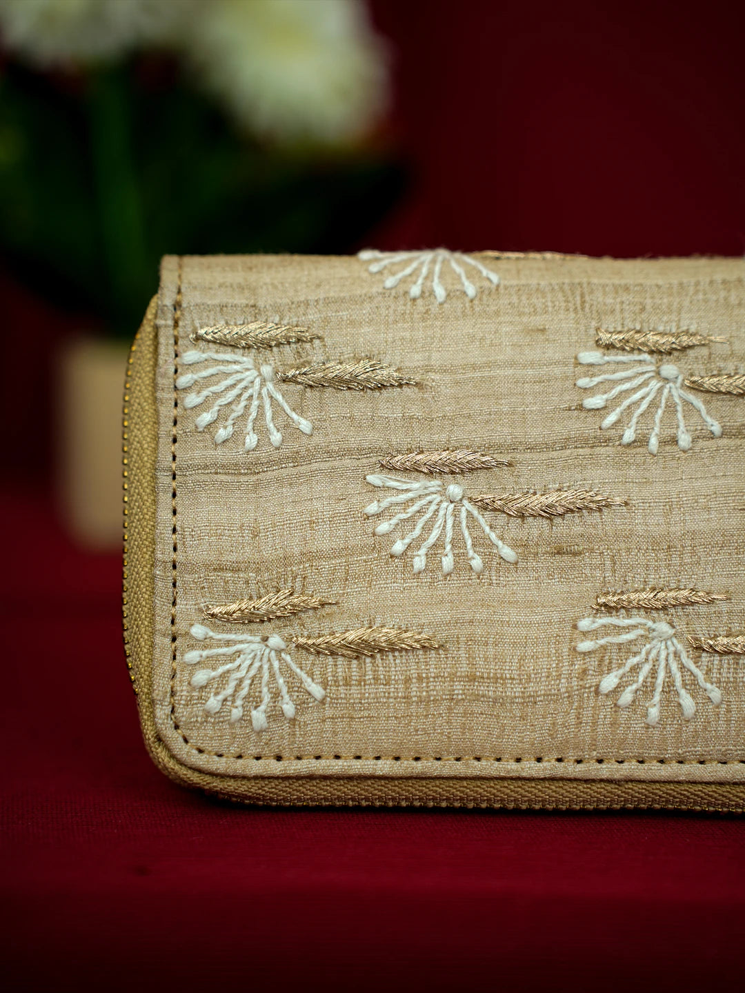Ada Hand Embroidered Fawn Silk Lucknowi Chikankari Wallet With Zari Work 01A680761