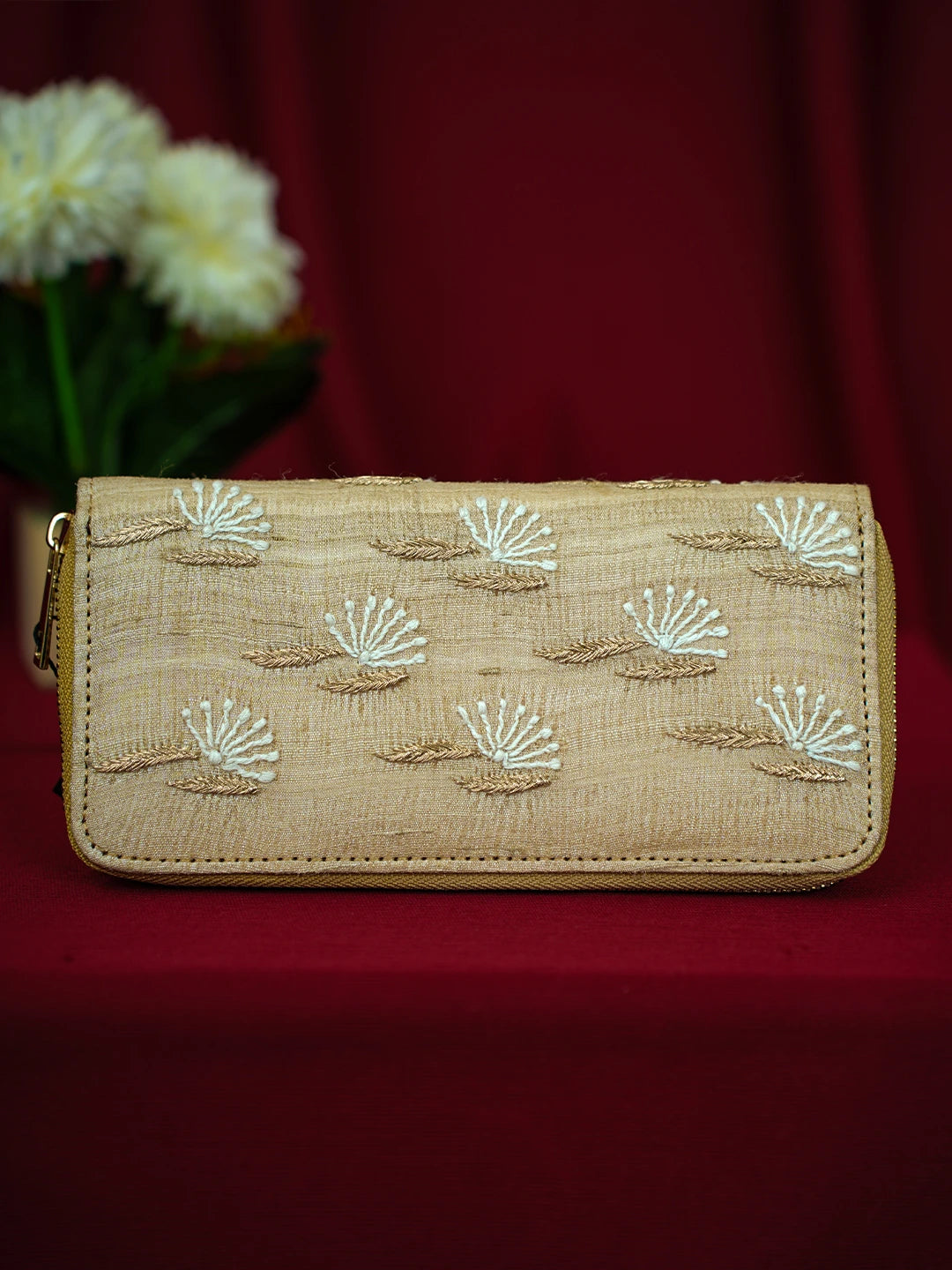 Ada Hand Embroidered Fawn Silk Lucknowi Chikankari Wallet With Zari Work 01A680761