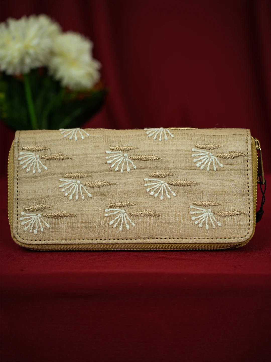 Ada Hand Embroidered Fawn Silk Lucknowi Chikankari Wallet With Zari Work 01A680761